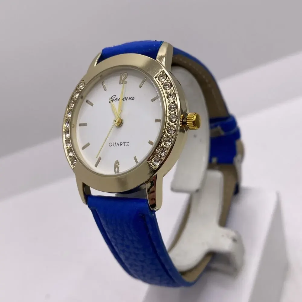 Geneva Gold Tone Blue Watch Works New Battery